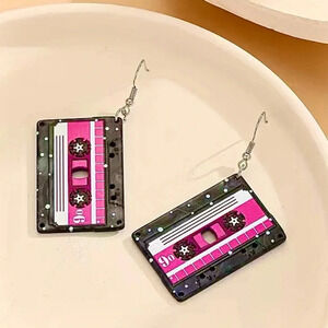 Cassette Tape Black&Pink Dangle Acrylic Earrings NEW